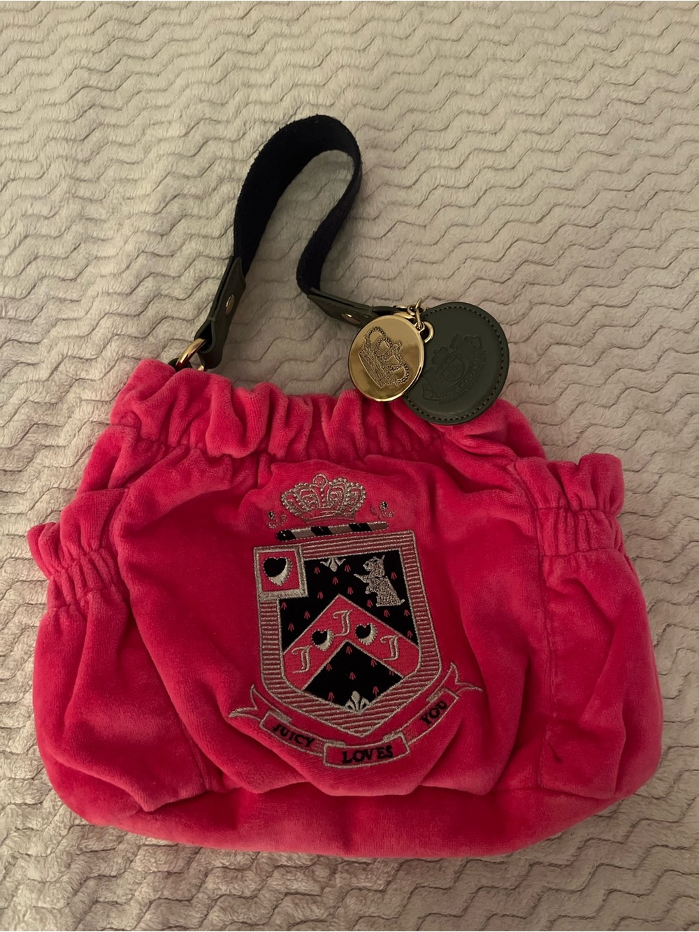 Juicy Couture Hot Pink Velvet Crest Mini Purse with Black Strap